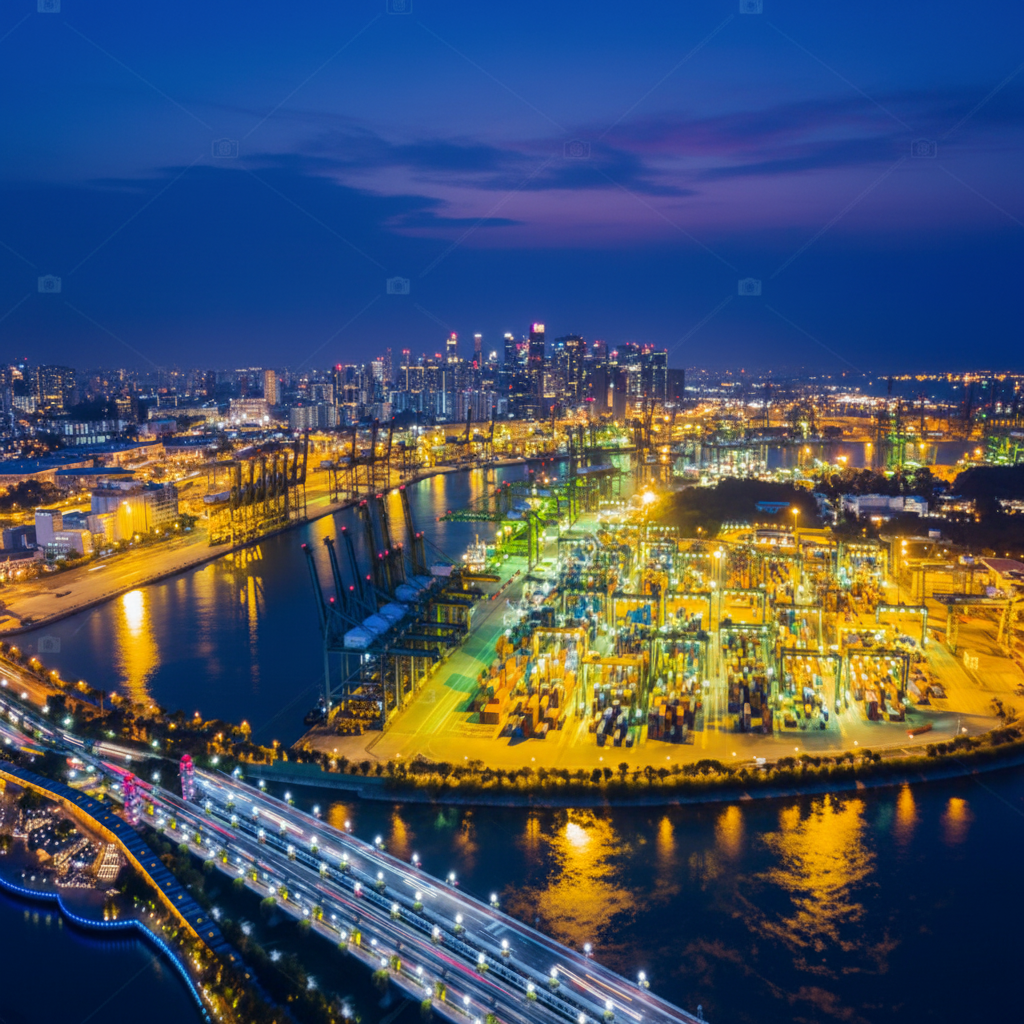 Singapore container port at night